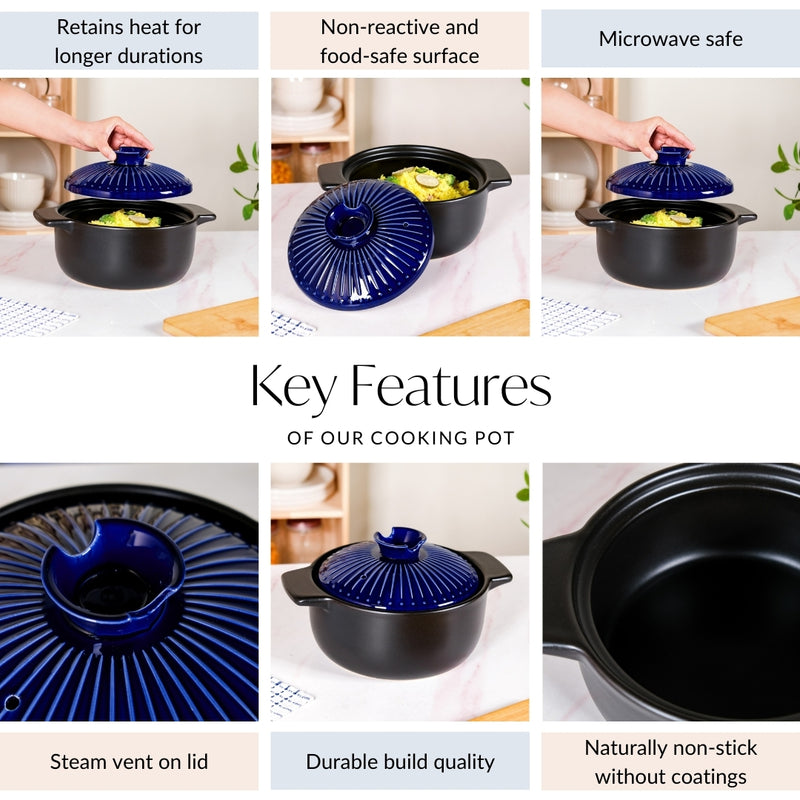 Midnight Blue Ribbed Ceramic Cooking Pot 3500ml