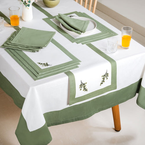 Midori Complete Table Linen Set With Mats Napkins Runners And Table Cloth In Sage Green