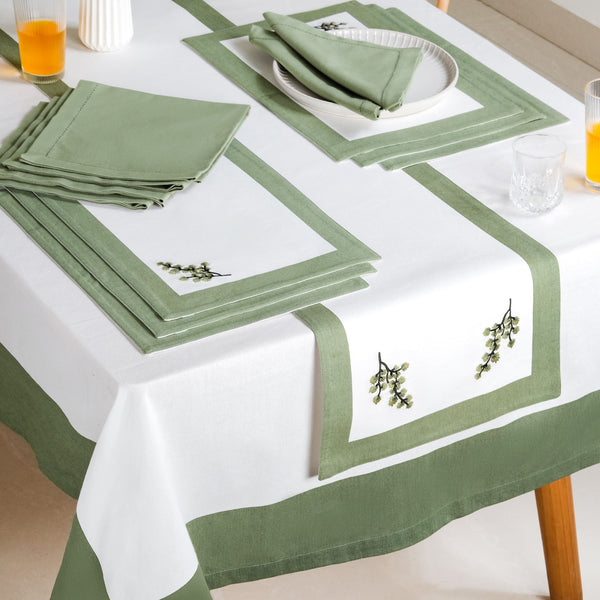 Midori Complete Table Linen Set With Mats Napkins Runners And Table Cloth In Sage Green