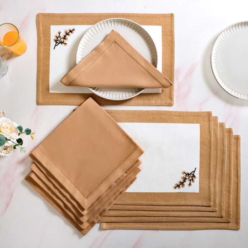 Midori Cotton Table Mat And Napkin Set of 12 In Brown