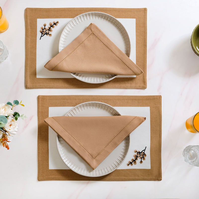 Midori Cotton Table Mat And Napkin Set of 12 In Brown