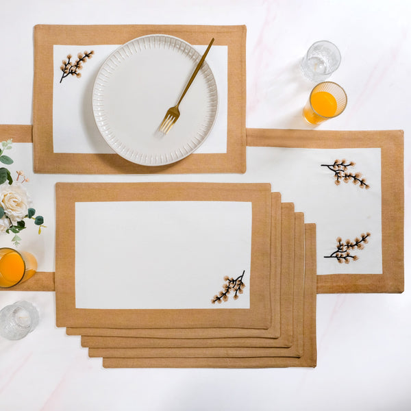 Midori Pure Cotton Table Runner And Placemat Set Of 7 In Brown