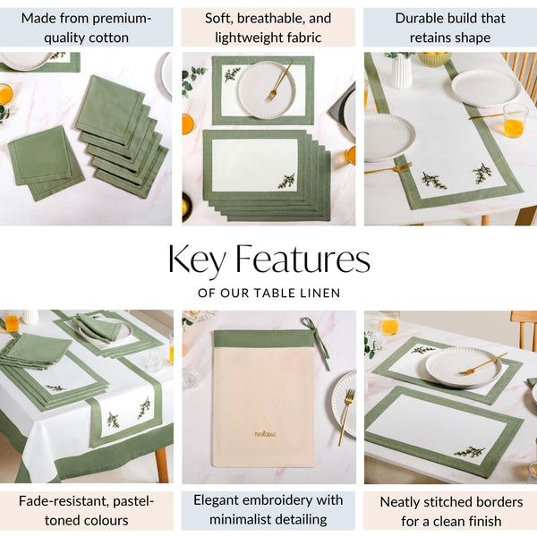 Midori Complete Table Linen Set With Mats Napkins Runners And Table Cloth In Sage Green