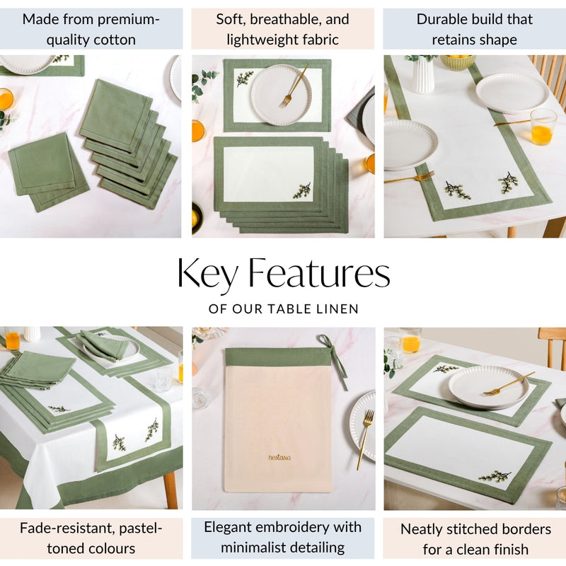 Midori Complete Table Linen Set With Mats Napkins Runners And Table Cloth In Sage Green