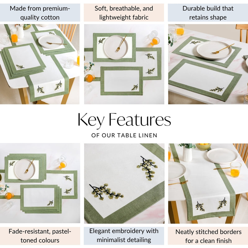 Midori Pure Cotton Table Runner And Placemat Set Of 7 Sage Green