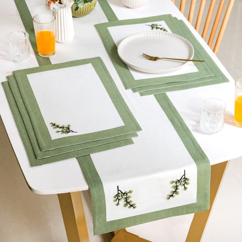 Midori Pure Cotton Table Runner And Placemat Set Of 7 Sage Green