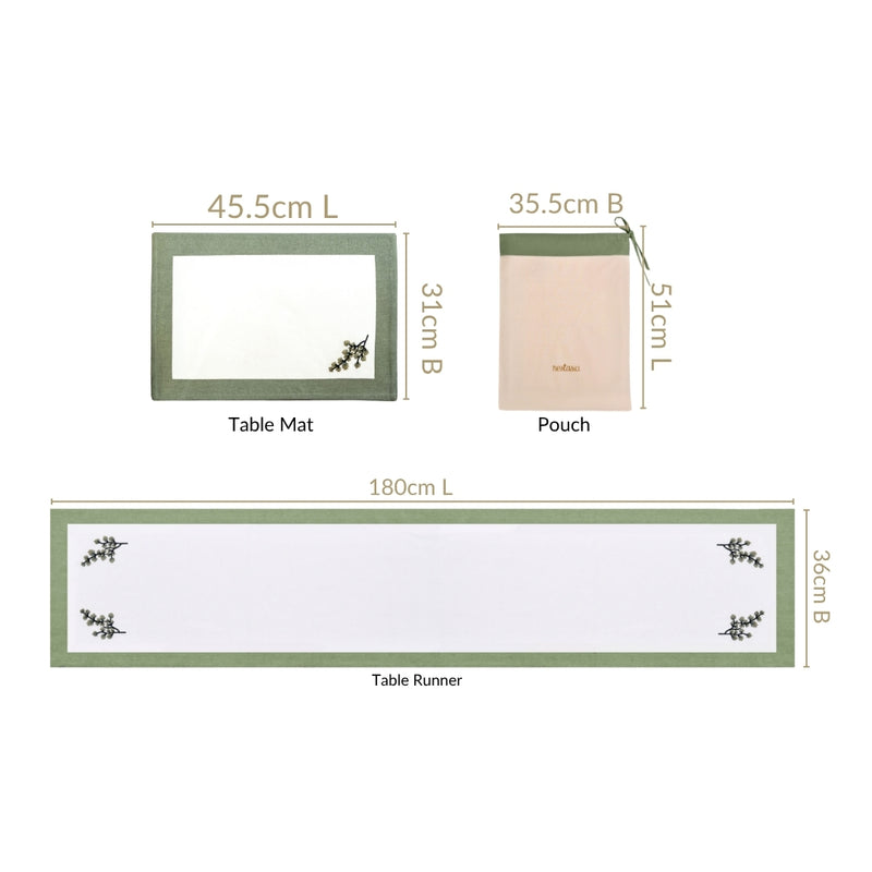 Midori Pure Cotton Table Runner And Placemat Set Of 7 Sage Green