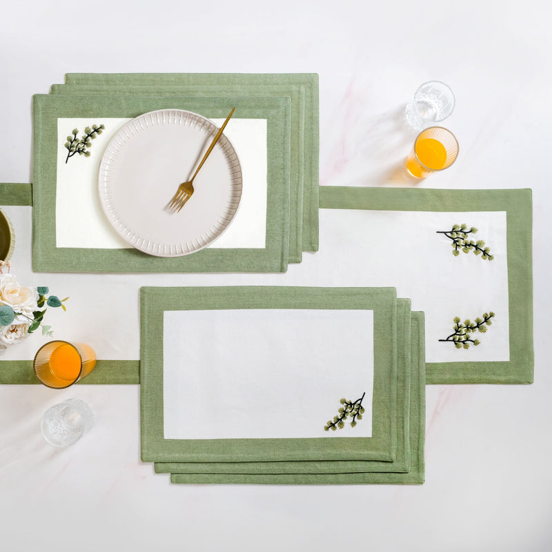 Midori Pure Cotton Table Runner And Placemat Set Of 7 Sage Green