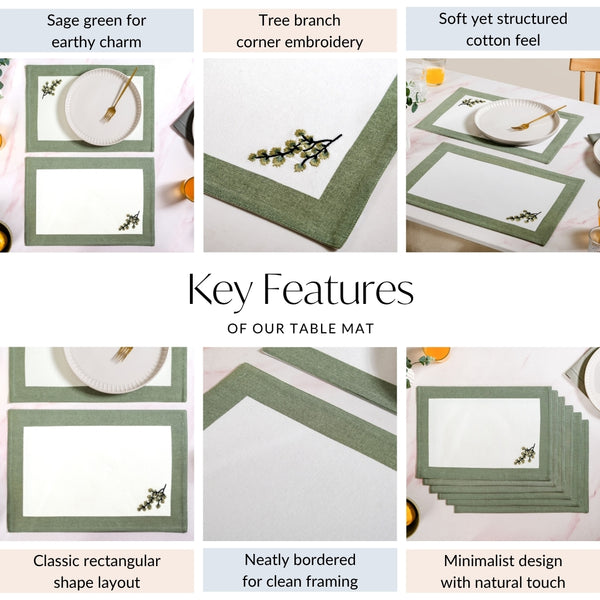 Midori Pure Cotton Table Mat Set Of 6 In Sage Green