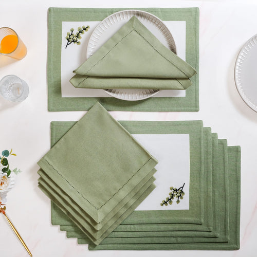 Midori Cotton Table Mat And Napkin Set of 12 In Sage Green