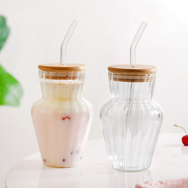 Milkshake Glass Tumbler With Lid And Straw Set Of 2 450ml