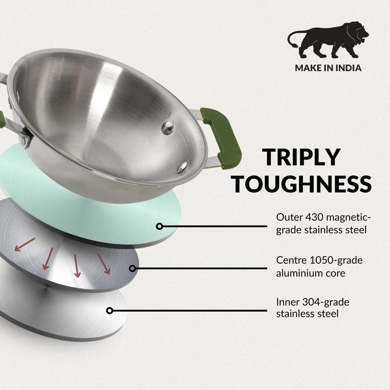 Pico Triply Stainless Steel Kadai With Silicone Handles 600ml