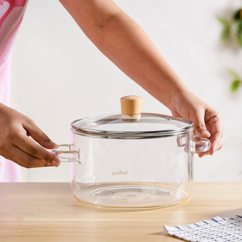 Minimalist Borosilicate Glass Cooking Pot With Lid And Handles 3200ml
