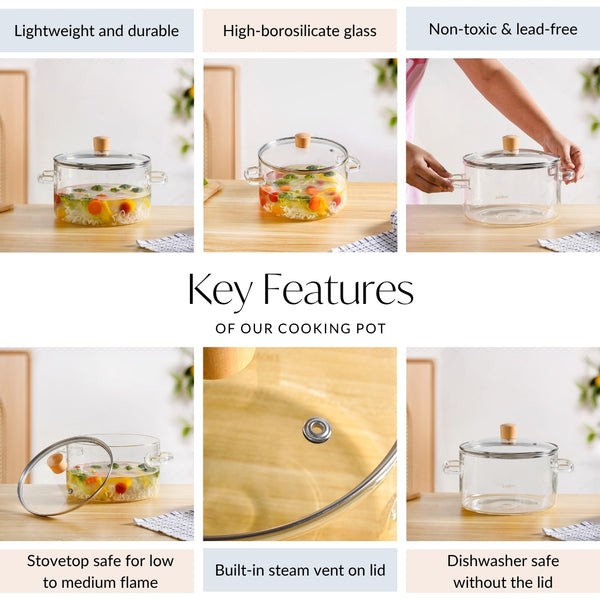 Minimalist Borosilicate Glass Cooking Pot With Lid 3200ml