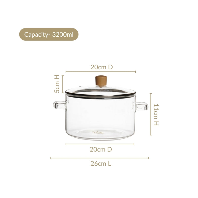 Minimalist Borosilicate Glass Cooking Pot With Lid And Handles 3200ml