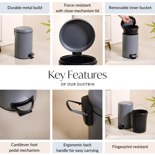 Clean Curve Metal Dustbin With Removable Bucket Grey 7000ml