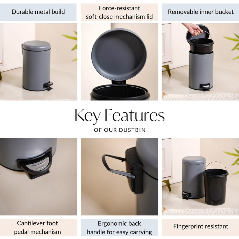 Minimalist Metal Dustbin With Removable Bucket Grey 7000ml