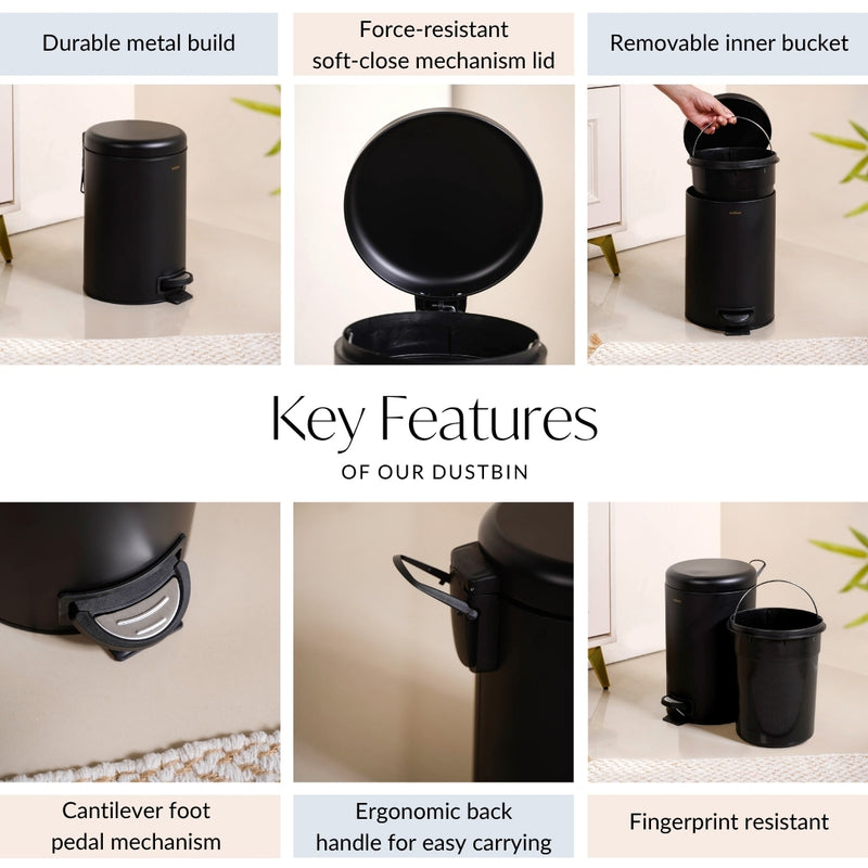 Minimalist Metal Dustbin With Removable Bucket Black 7000ml