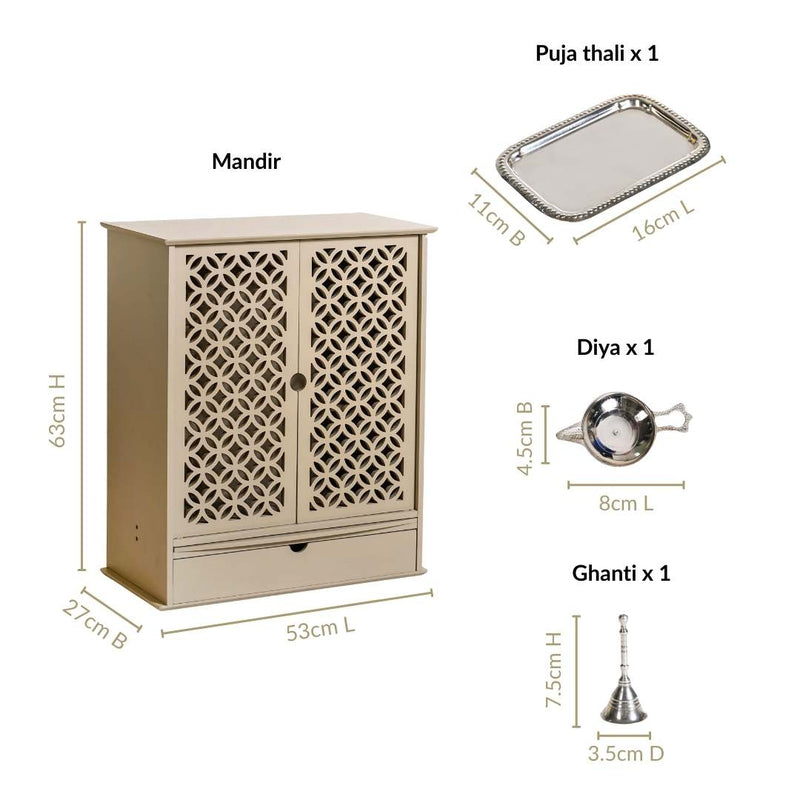 Minimalist Puja Mandir Large With Puja Thali Aasan And Ghanti