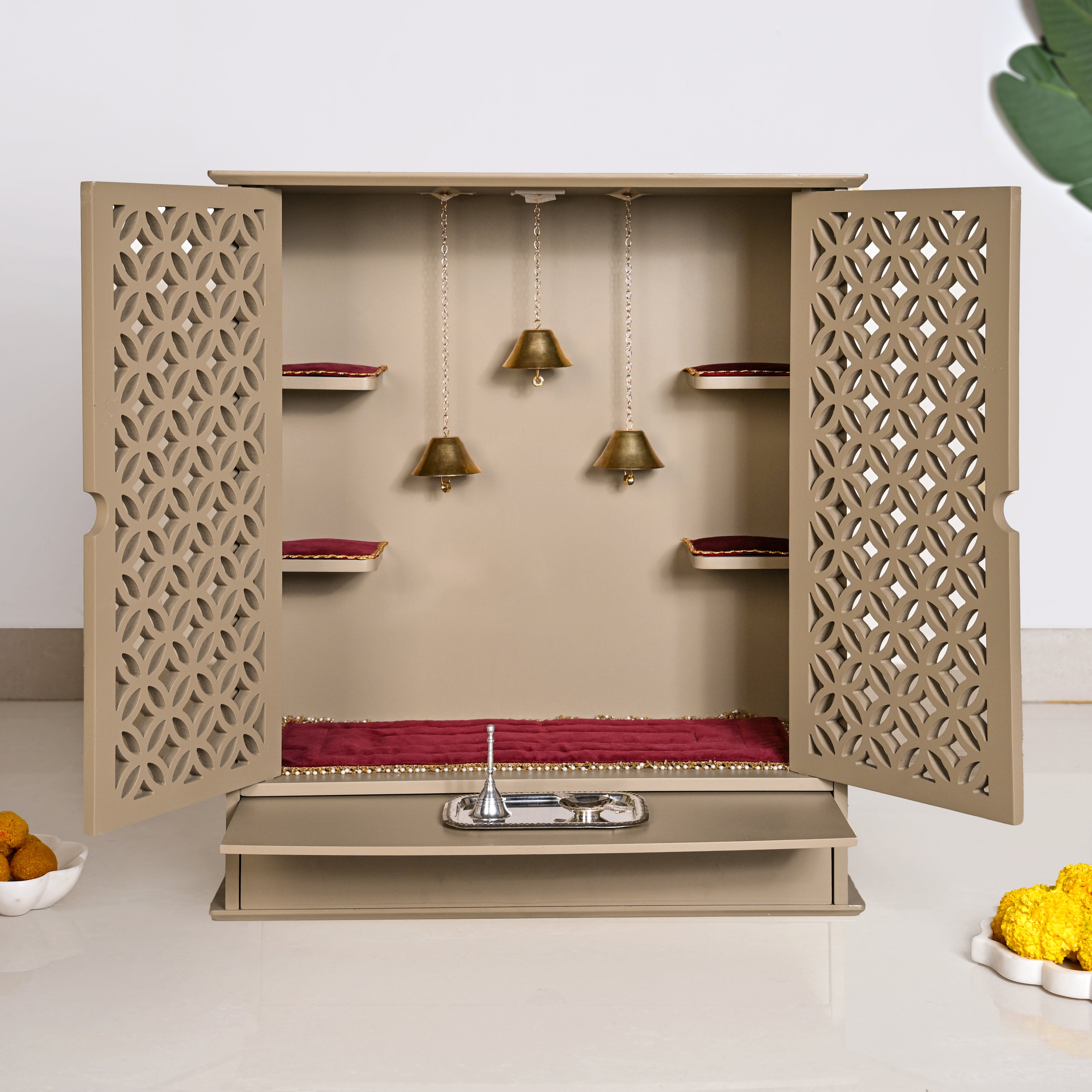 Minimalist Puja Mandir Large With Puja Thali Aasan And Ghanti
