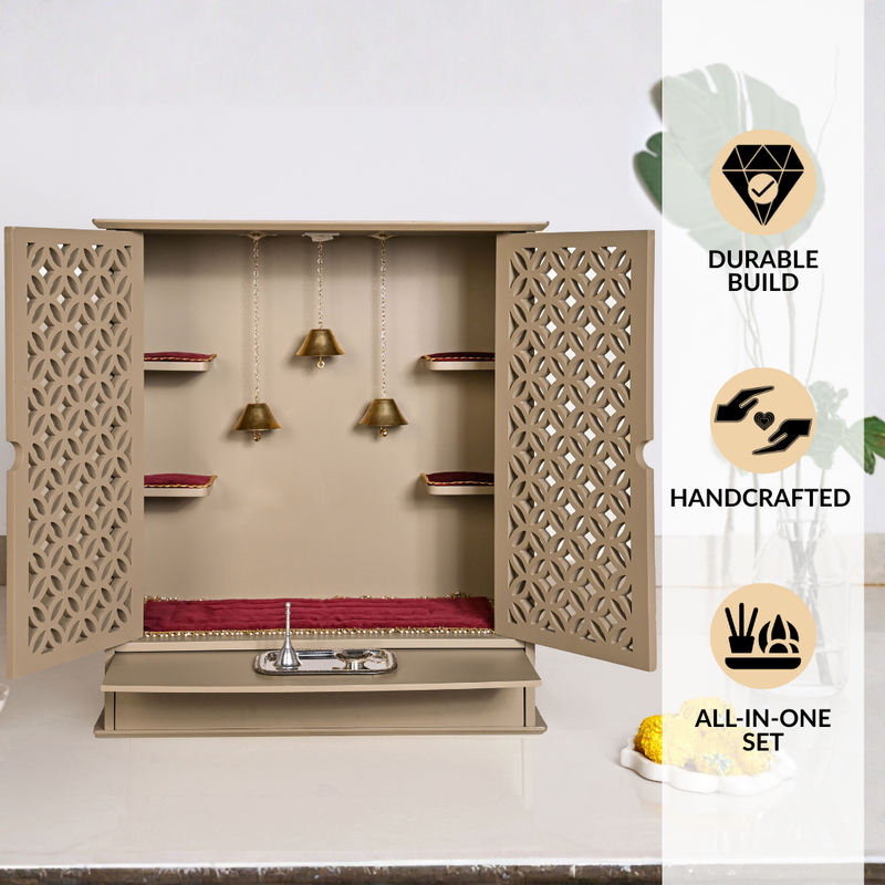 Minimalist Puja Mandir Large With Puja Thali Aasan And Ghanti