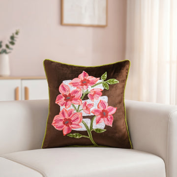 Mocha Blossom Embroidered Poly Velvet Cushion Cover 40x40cm