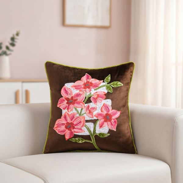 Mocha Blossom Embroidered Poly Velvet Cushion Cover 40x40cm
