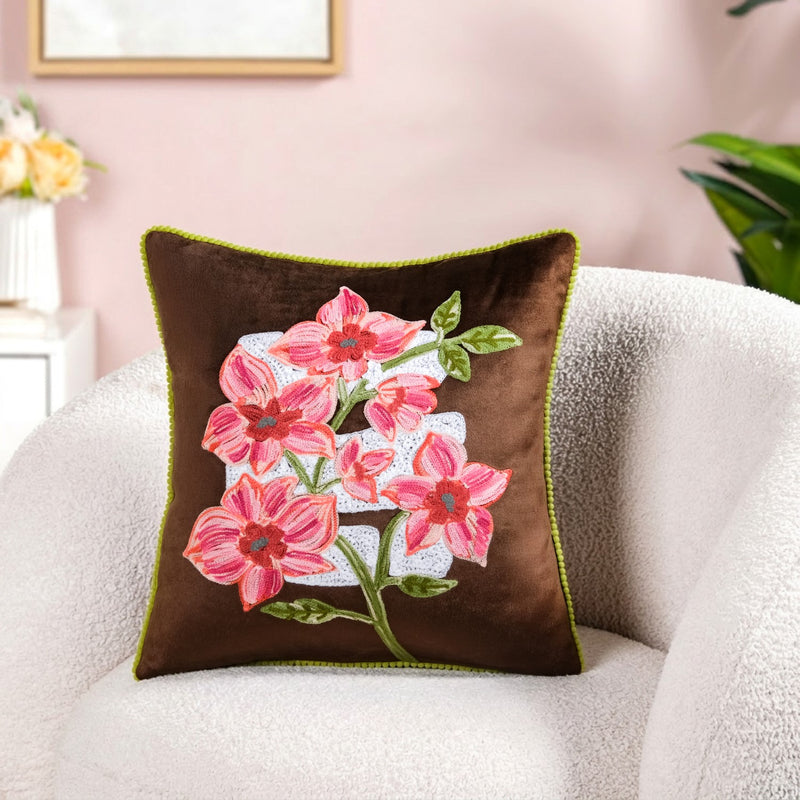 Mocha Blossom Embroidered Velvet Cushion Cover 40x40cm