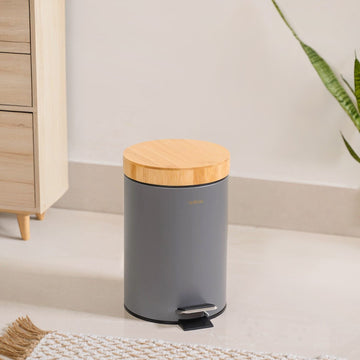 Modbin Bamboo Lid Metal Dustbin Grey 3000ml