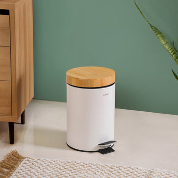 Modbin Bamboo Lid Metal Dustbin With Bucket White 3000ml