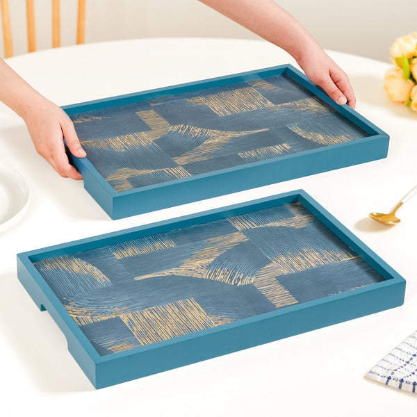 Modern Abstract Art Tray Set Of 2 Blue