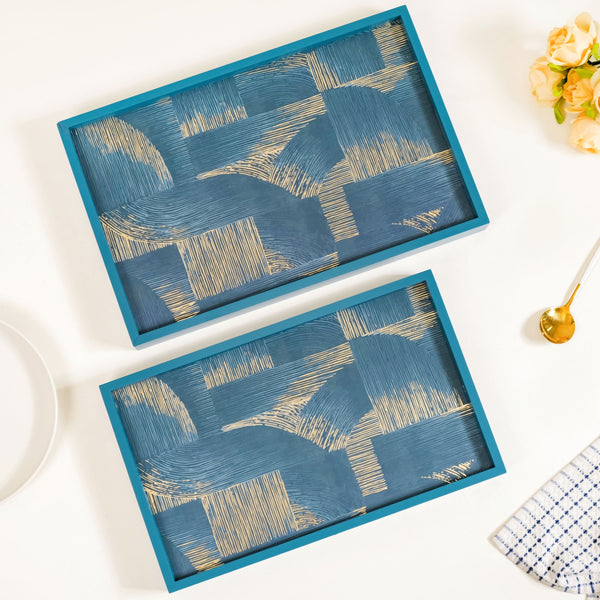Modern Abstract Art Tray Set Of 2 Blue