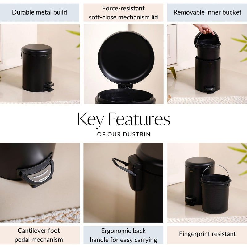 Modern Metal Dustbin With Removable Bucket Black 5000ml