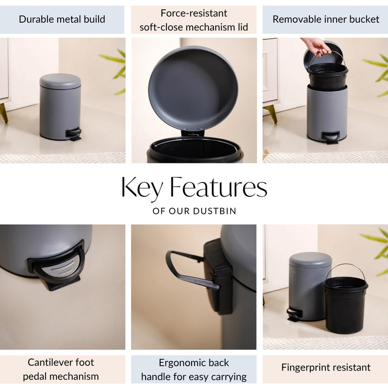 Modern Metal Dustbin With Removable Bucket Grey 5000ml