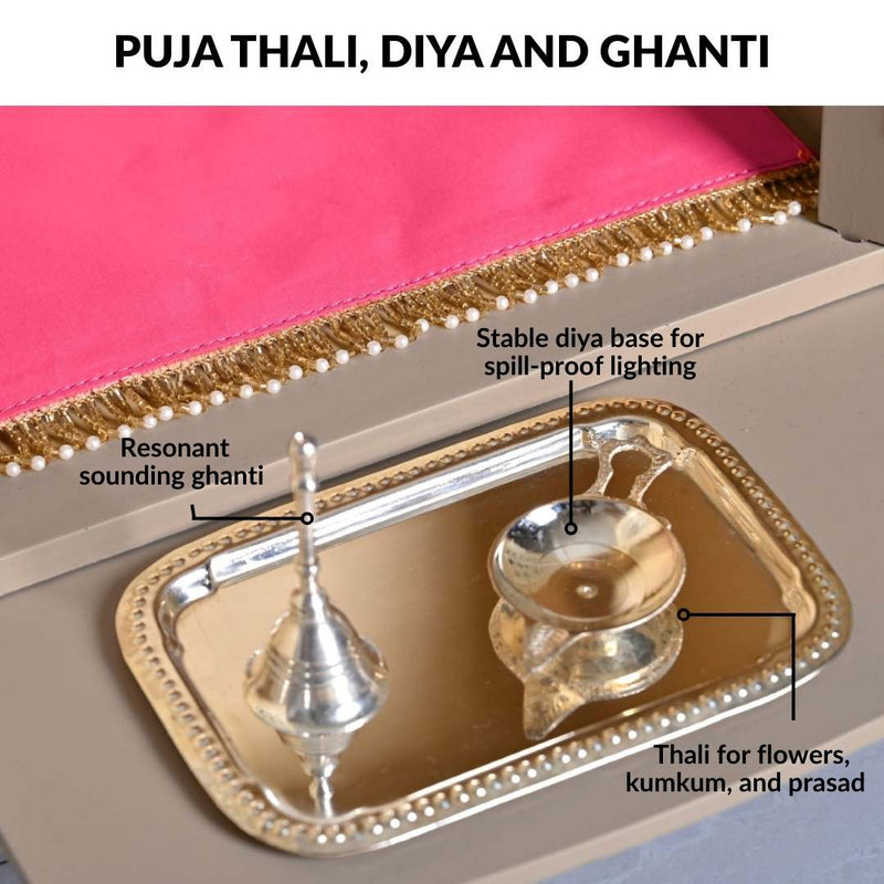 Modern Puja Mandir Medium With Ghungroo Chain Aasan Puja Thali Diya And Ghanti Set