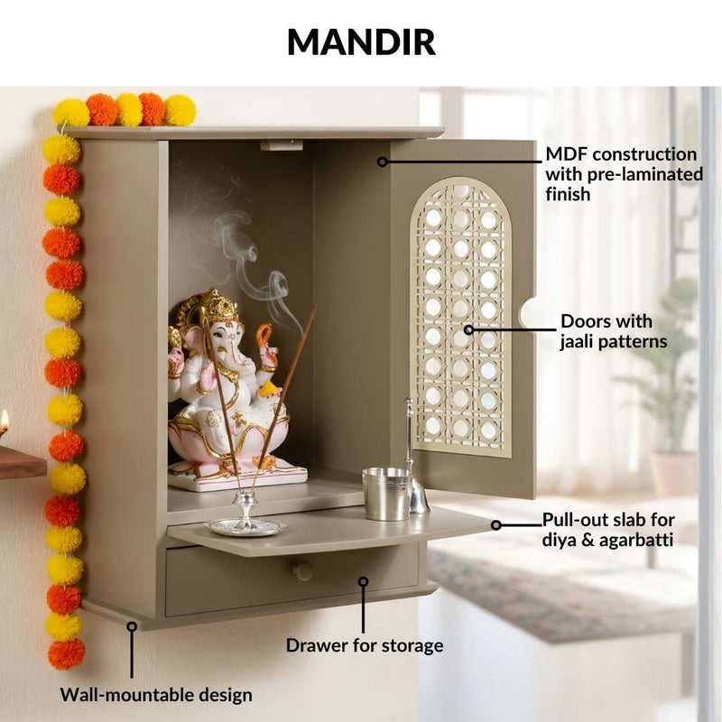 Modern Puja Mandir Medium With Ghungroo Chain Aasan Puja Thali Diya And Ghanti Set