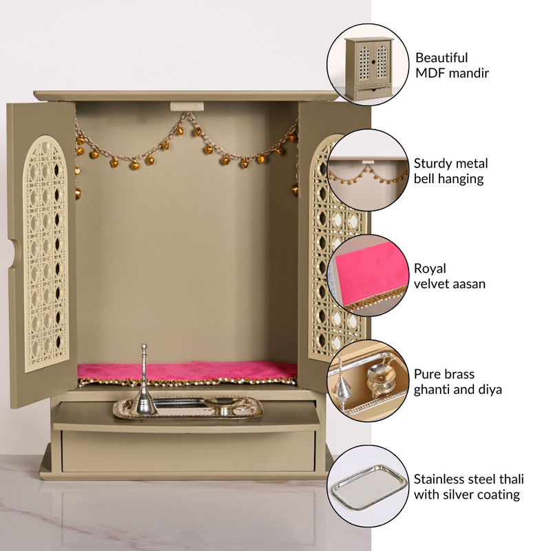 Modern Puja Mandir Medium With Ghungroo Chain Aasan Puja Thali Diya And Ghanti Set