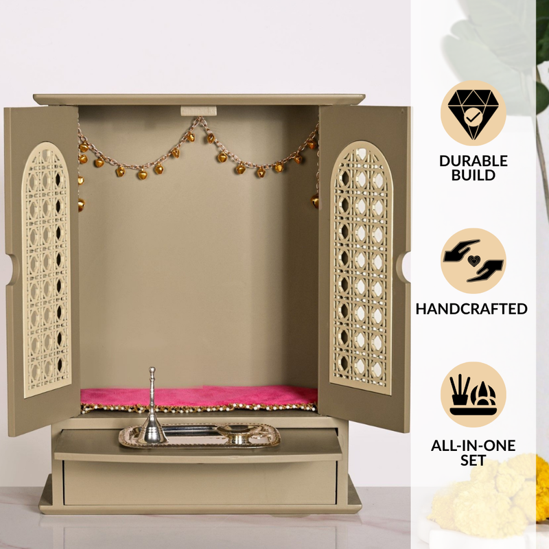Modern Puja Mandir Medium With Ghungroo Chain Aasan Puja Thali Diya And Ghanti Set