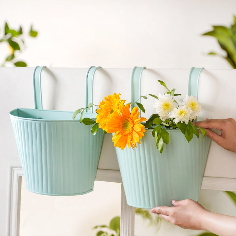 Modern Ribbed Balcony Planter Set Of 2 Mint