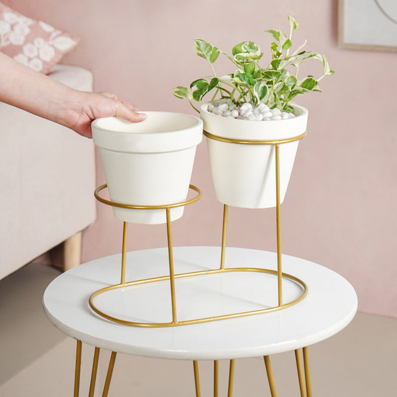 Modern Two Tier Gold Stand And Off White Terracotta Planters