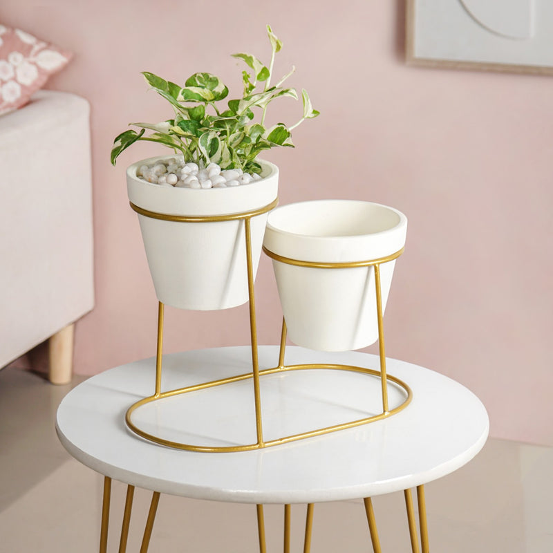 Modern Two Tier Gold Stand And Off White Terracotta Planters