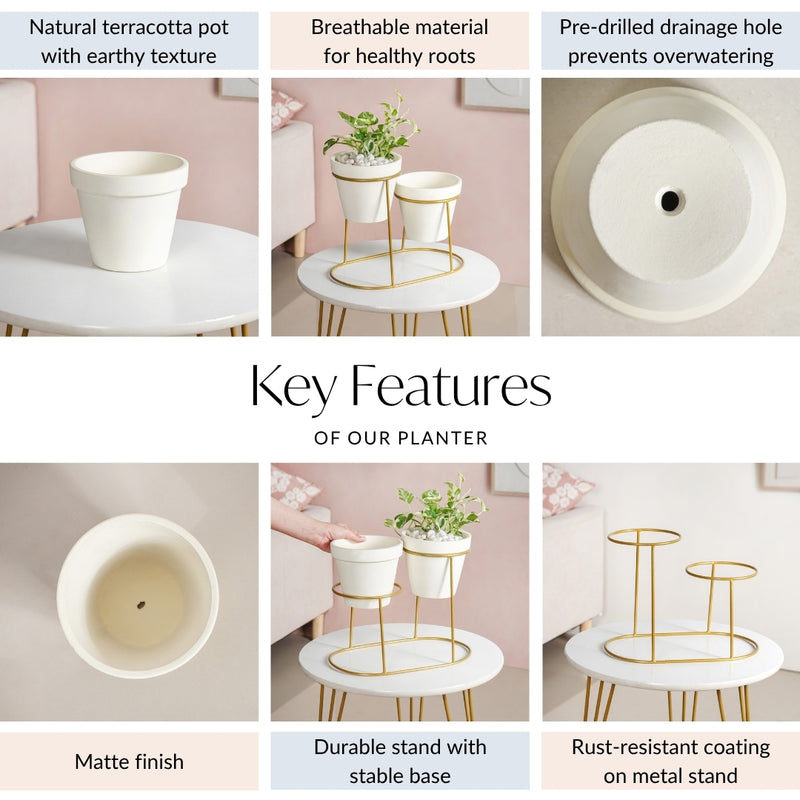 Modern Two Tier Gold Stand And Off White Terracotta Planters