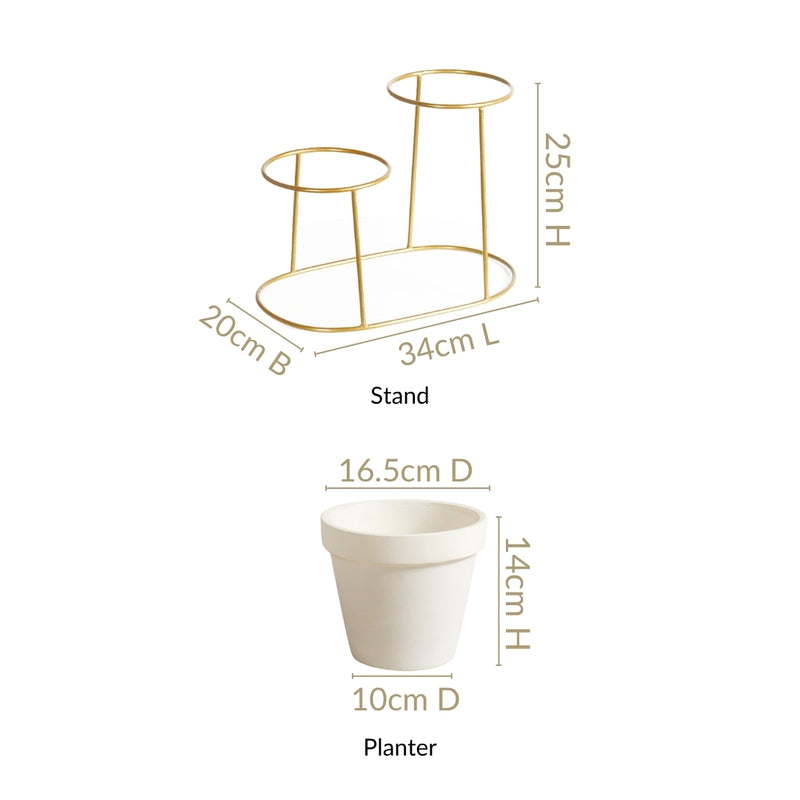 Modern Two Tier Gold Stand And Off White Terracotta Planters
