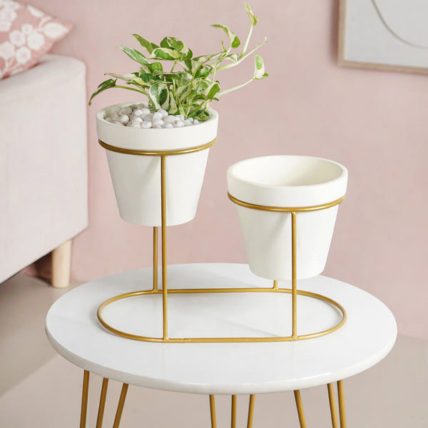 Modern Two Tier Gold Stand And Off White Terracotta Planters