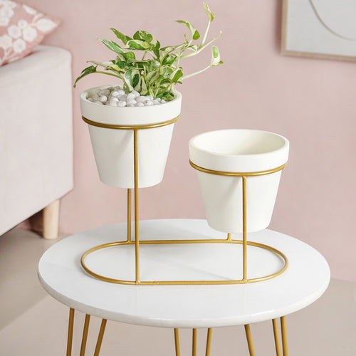 Modern Two Tier Gold Stand And Off White Terracotta Planters