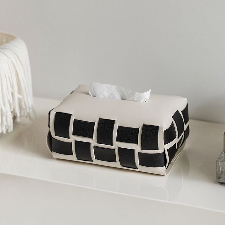 Monochrome Vegan Leather Tissue Box White And Black