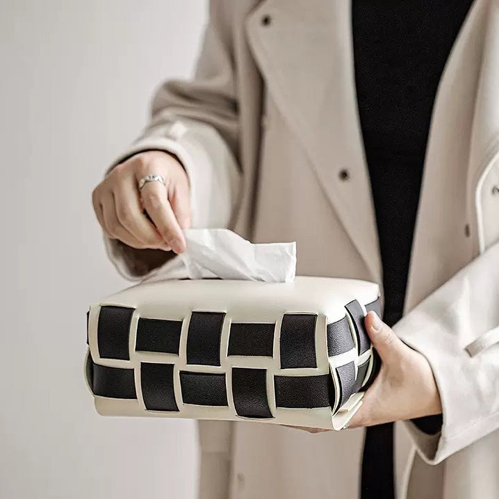 Monochrome Vegan Leather Tissue Box White And Black
