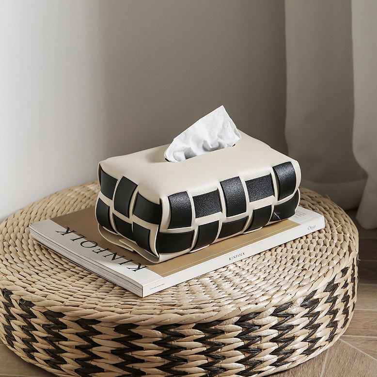 Monochrome Vegan Leather Tissue Box White And Black
