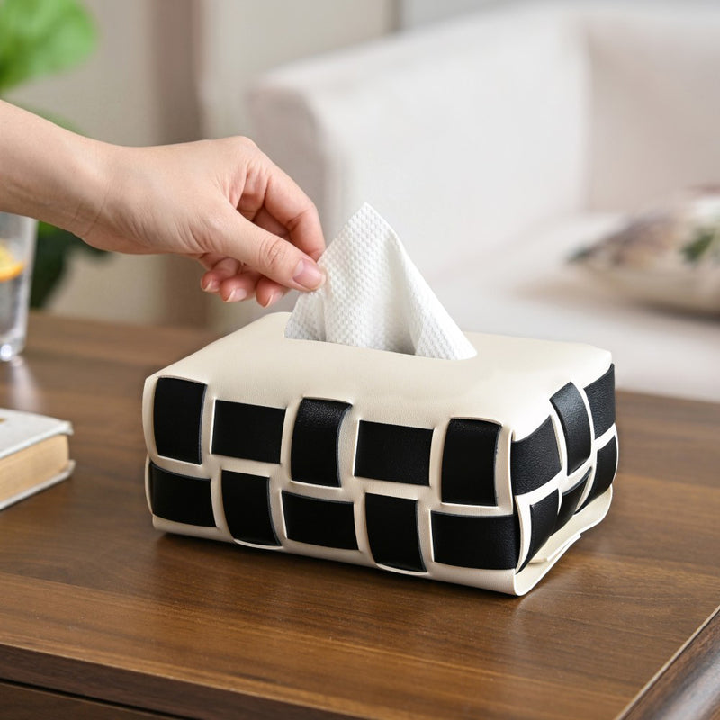 Monochrome Vegan Leather Tissue Box White And Black