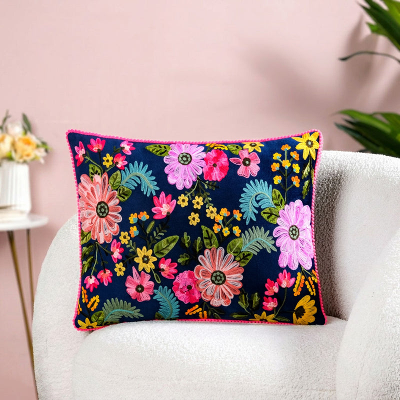 Moonlit Floral Velvet Embroidered Cushion Cover 50x35cm